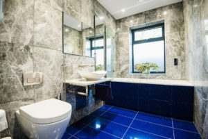 Bathroom with blue tiling