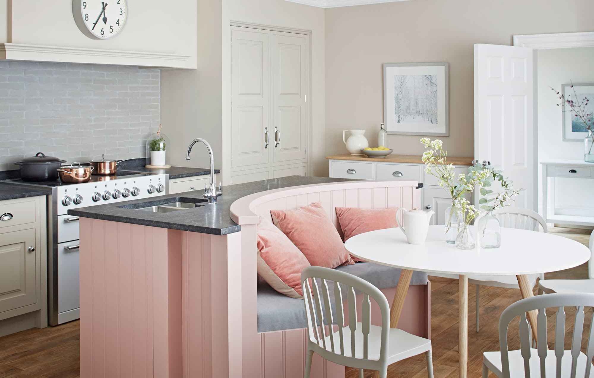 Powder pink and white kitchen