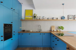 Kitchen with blue cupboards