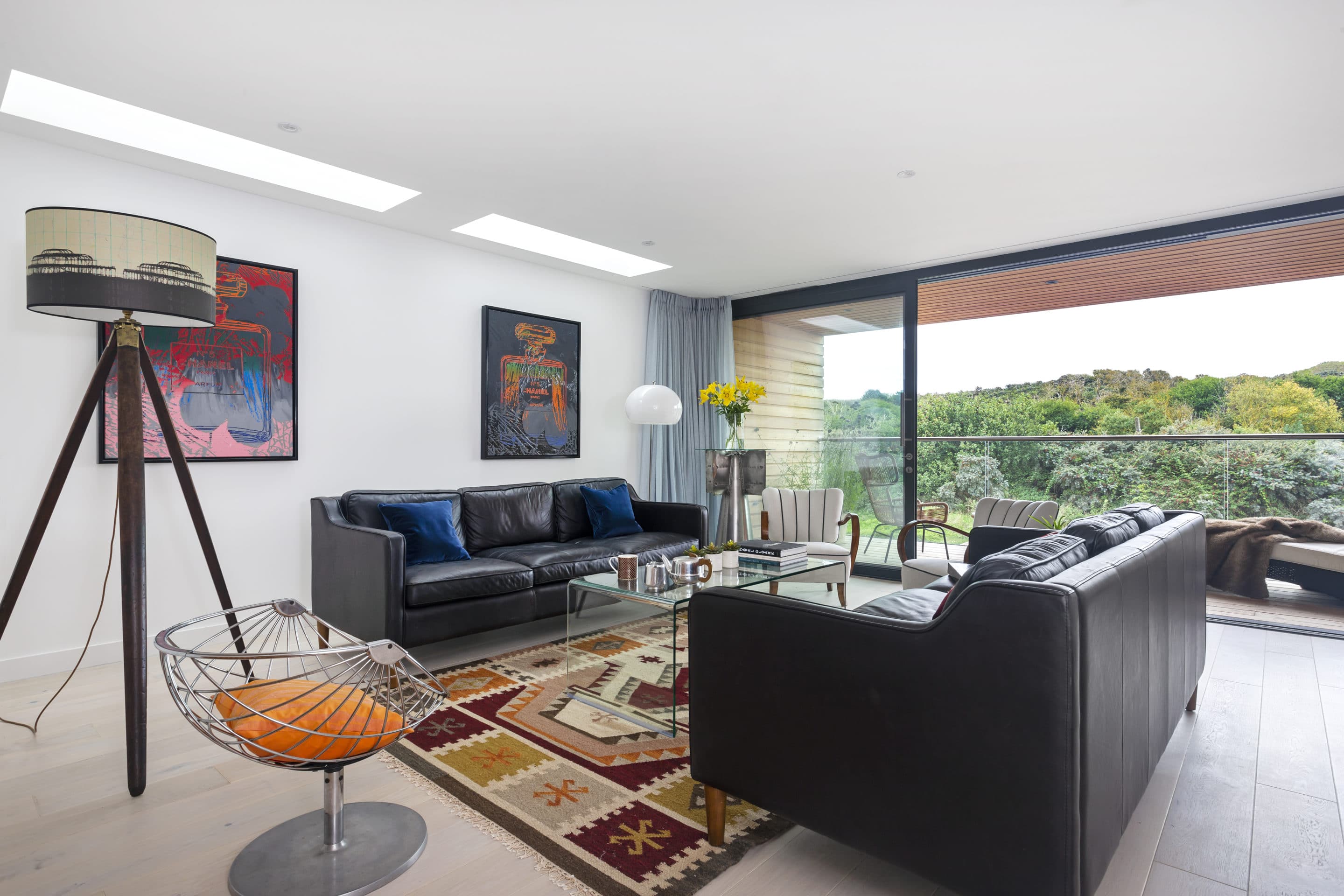 Living room with black sofa