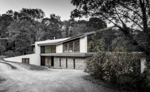 Black and white cantilevered house