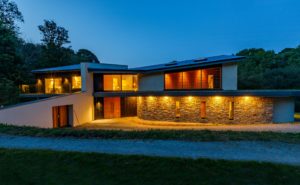 Cantilevered house at dusk