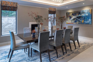 Dining area with grey chairs