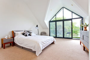Master bedroom with gabled window