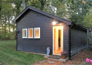 Timber cabin with lamp