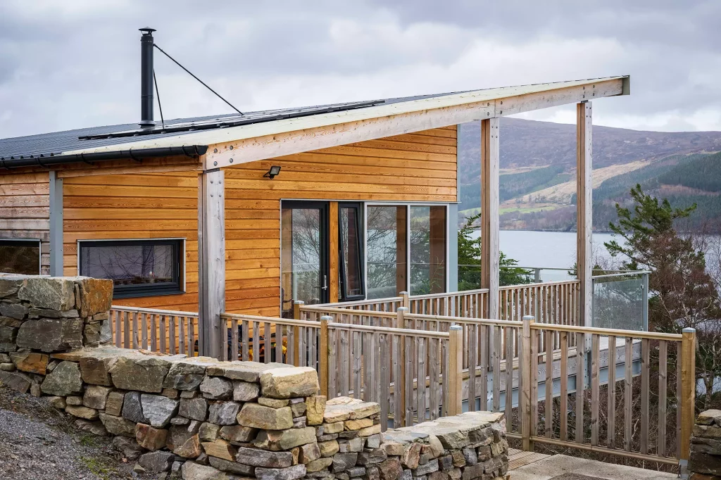 Side view of the self build home with views over Loch Broom
