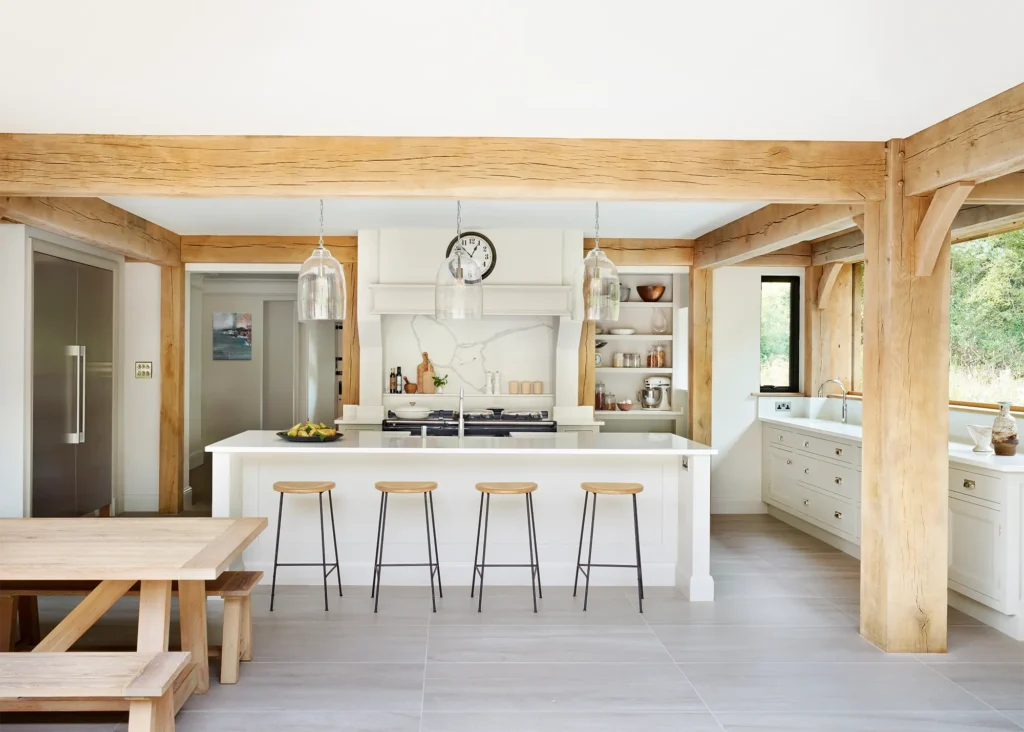 oak frame home with sleek kitchen design