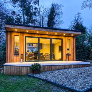 Home at night with sliding doors