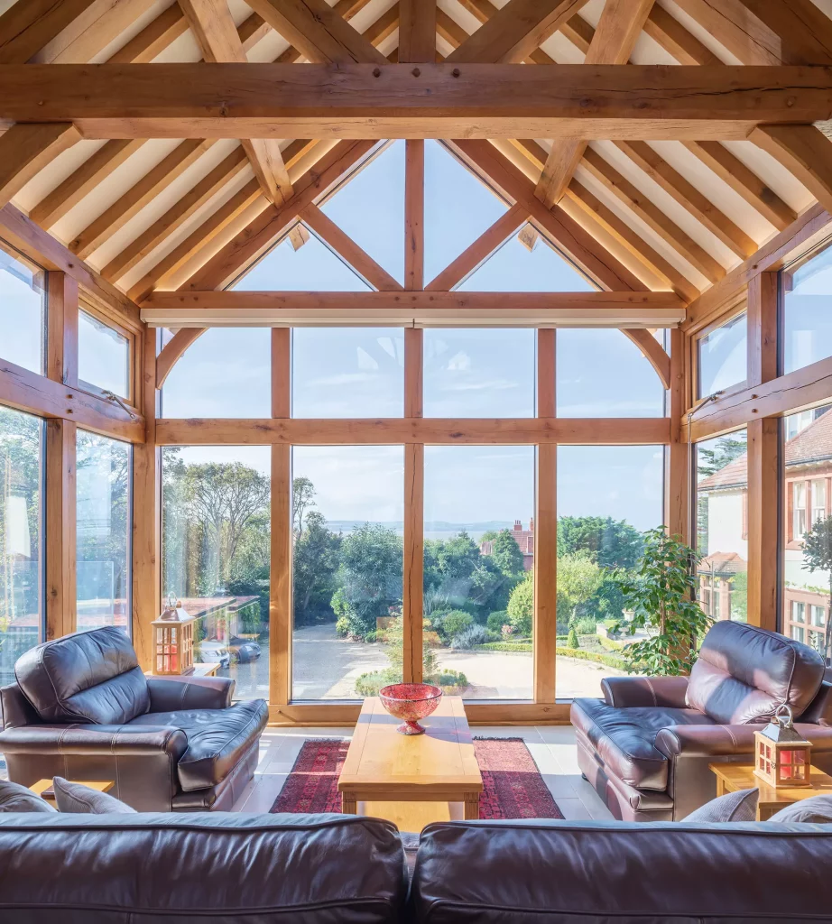 Steve and Janine Carney's oak frame annexe gable window with views of Wales in the distance