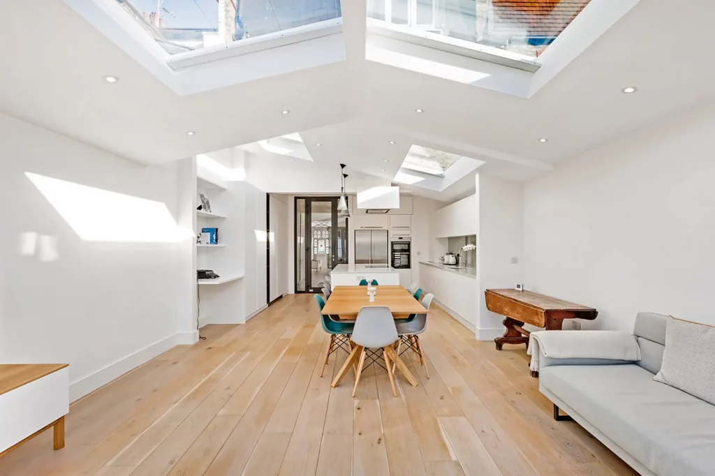 Interior of extension with an apex roof and roofights