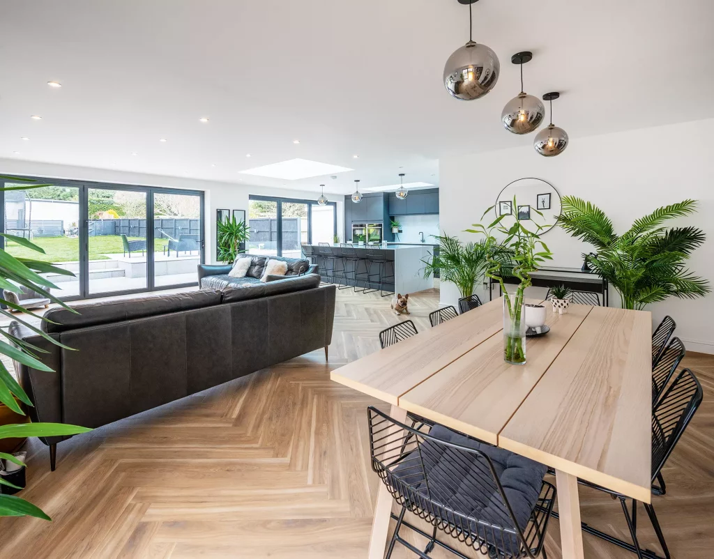 The Manning's open-plan kitchen, living and dining area fit with glass doors leading into the back garden 