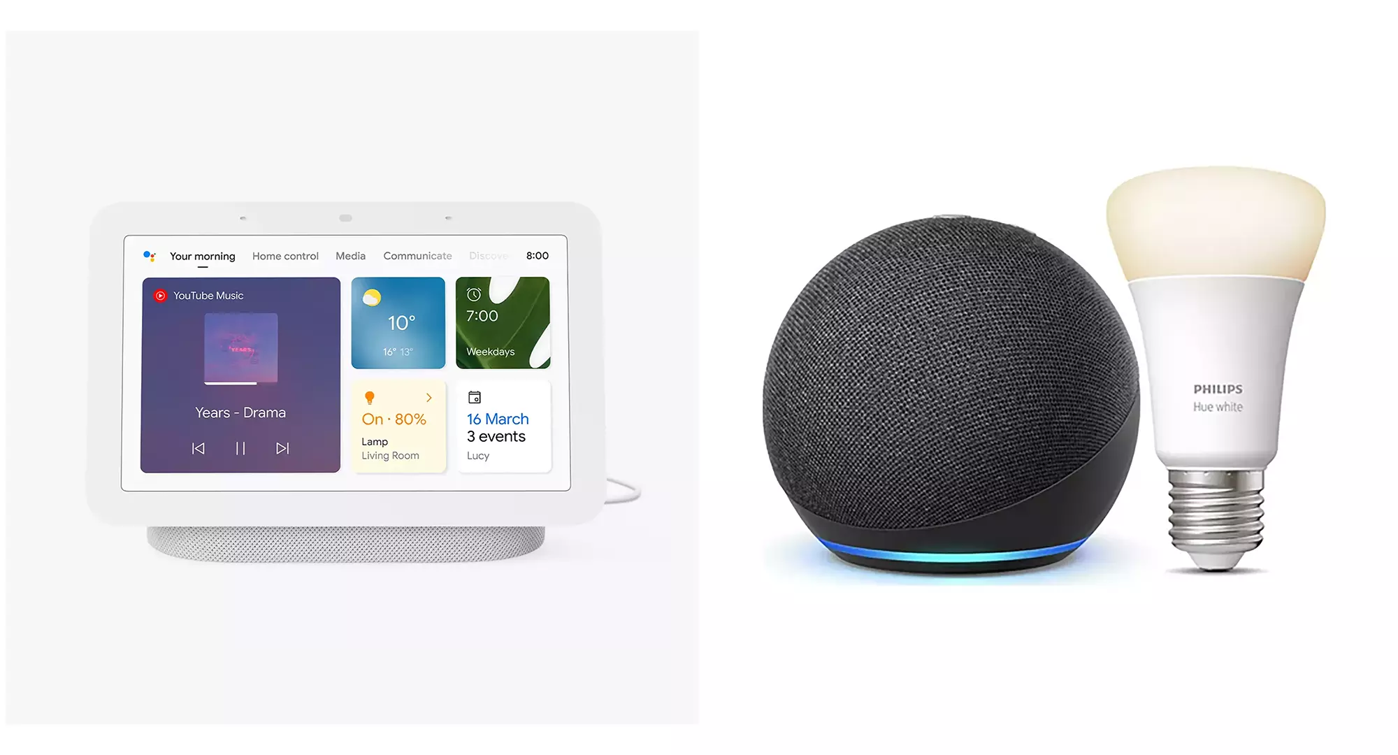 Google Nest Hub Hands-Free Smart Speaker and Amazon Echo Dot with Philips Hue White E27 Bulb