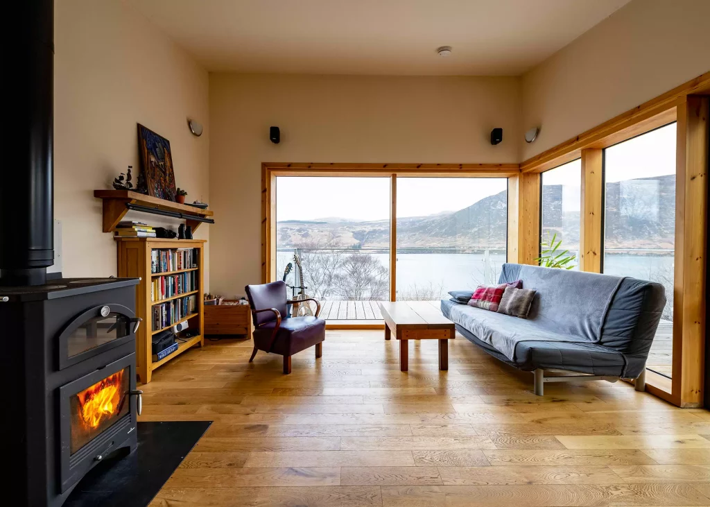 view through living room windows out over Loch Broom