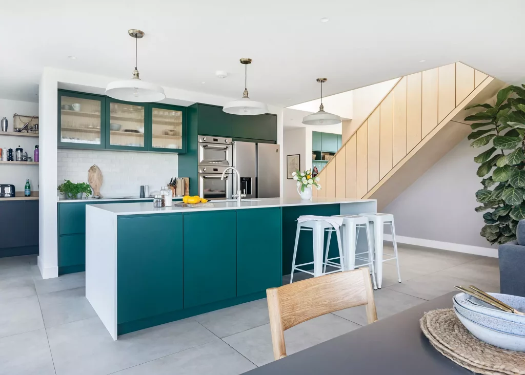 contemporary turquoise kitchen design with large island