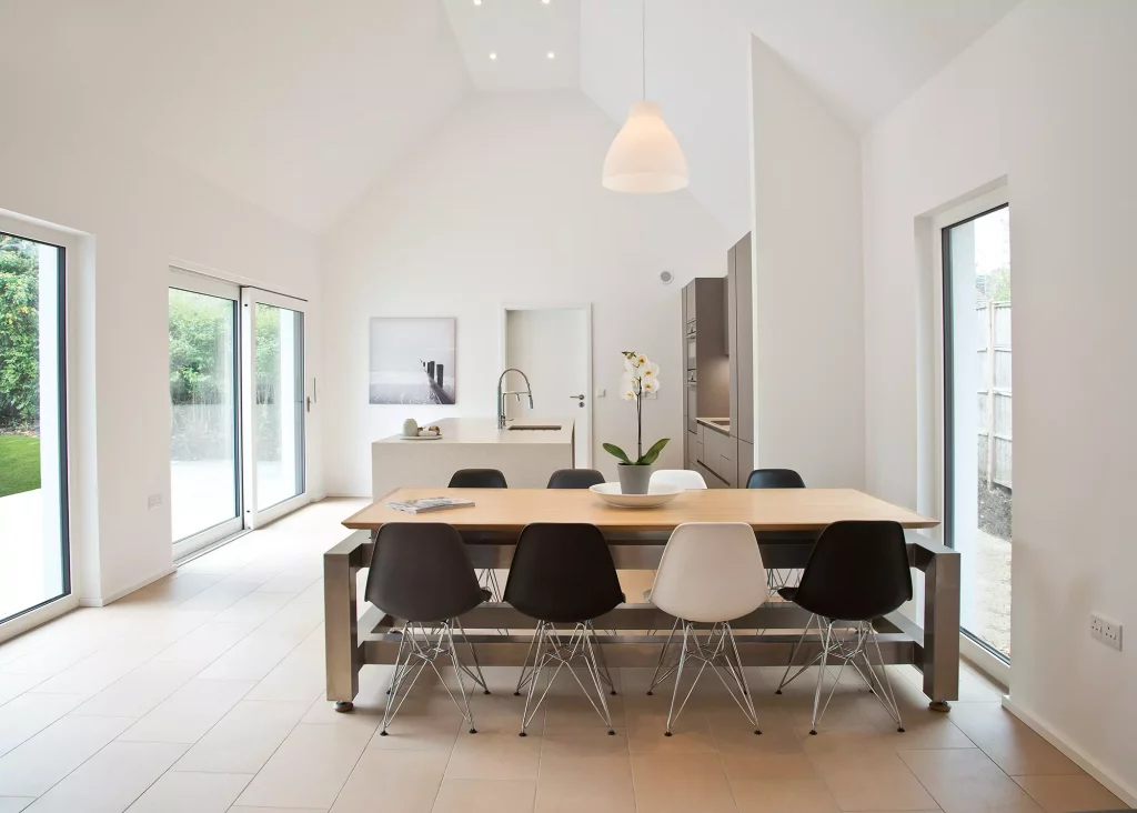 minimalist kitchen with vaulted ceiling 