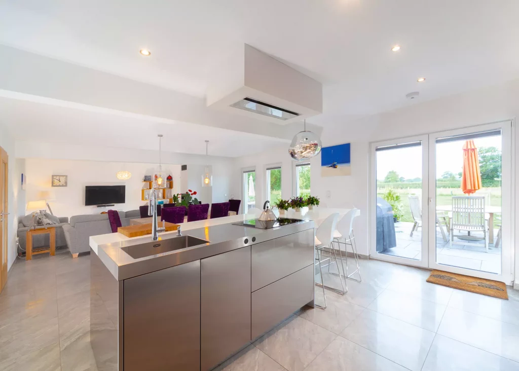 contemporary finish kitchen with stainless steel cabinets and worktop 
