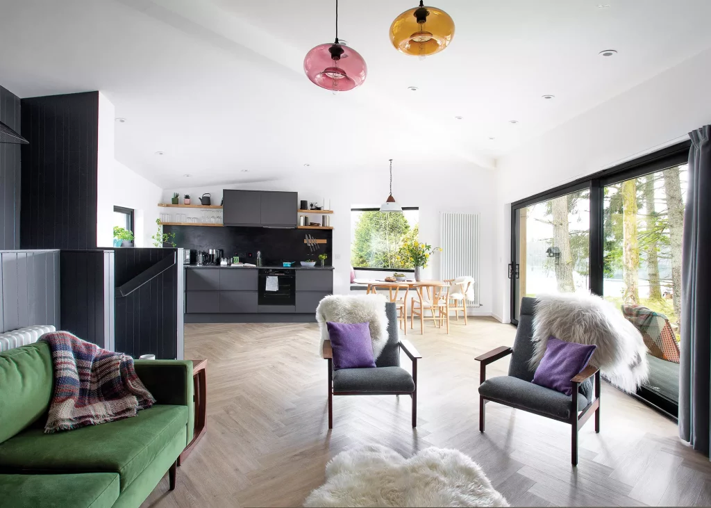 scandi-style interior with herringbone wood floor