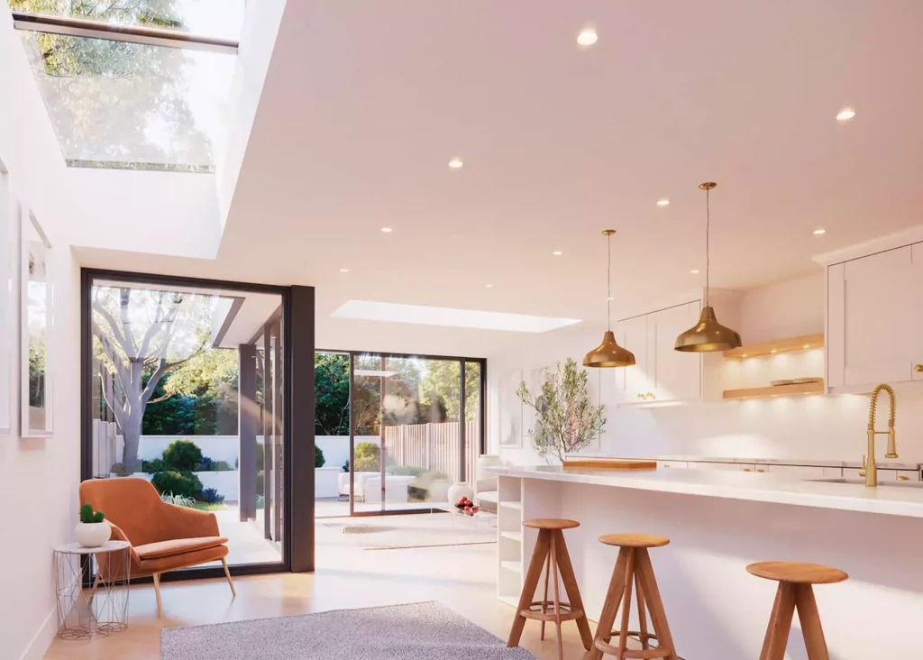 kitchen-diner with rooflights and sliding doors