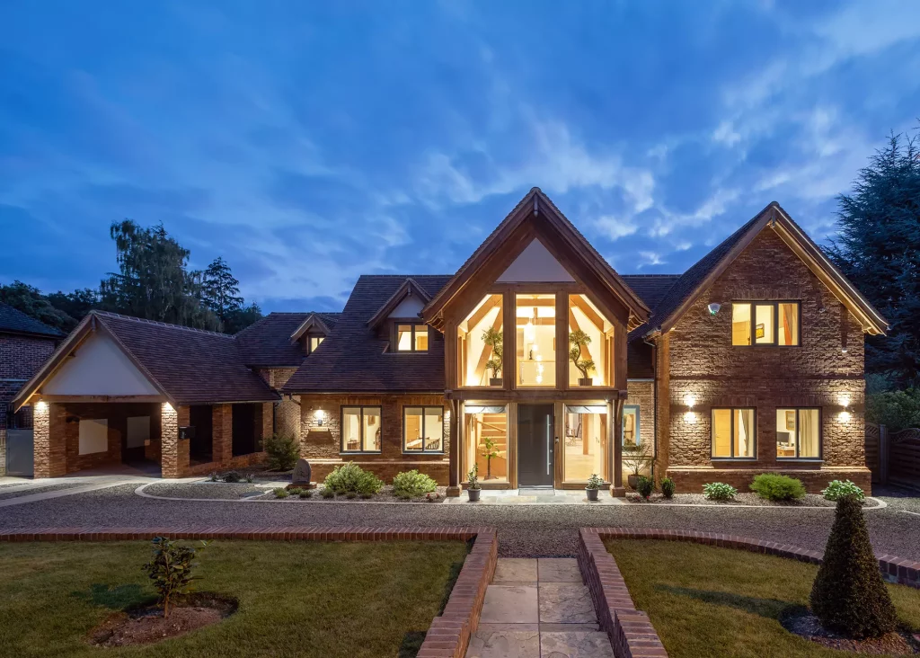 oak frame home exterior with central glazed gable