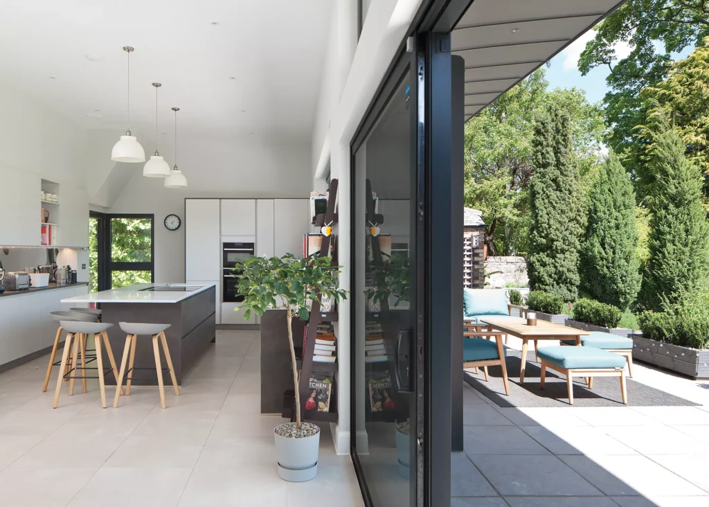 open-plan kitchen diner with sliding doors onto the patio