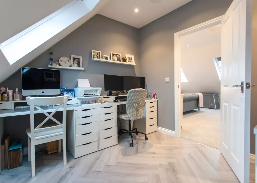 loft space turned into office and bedroom