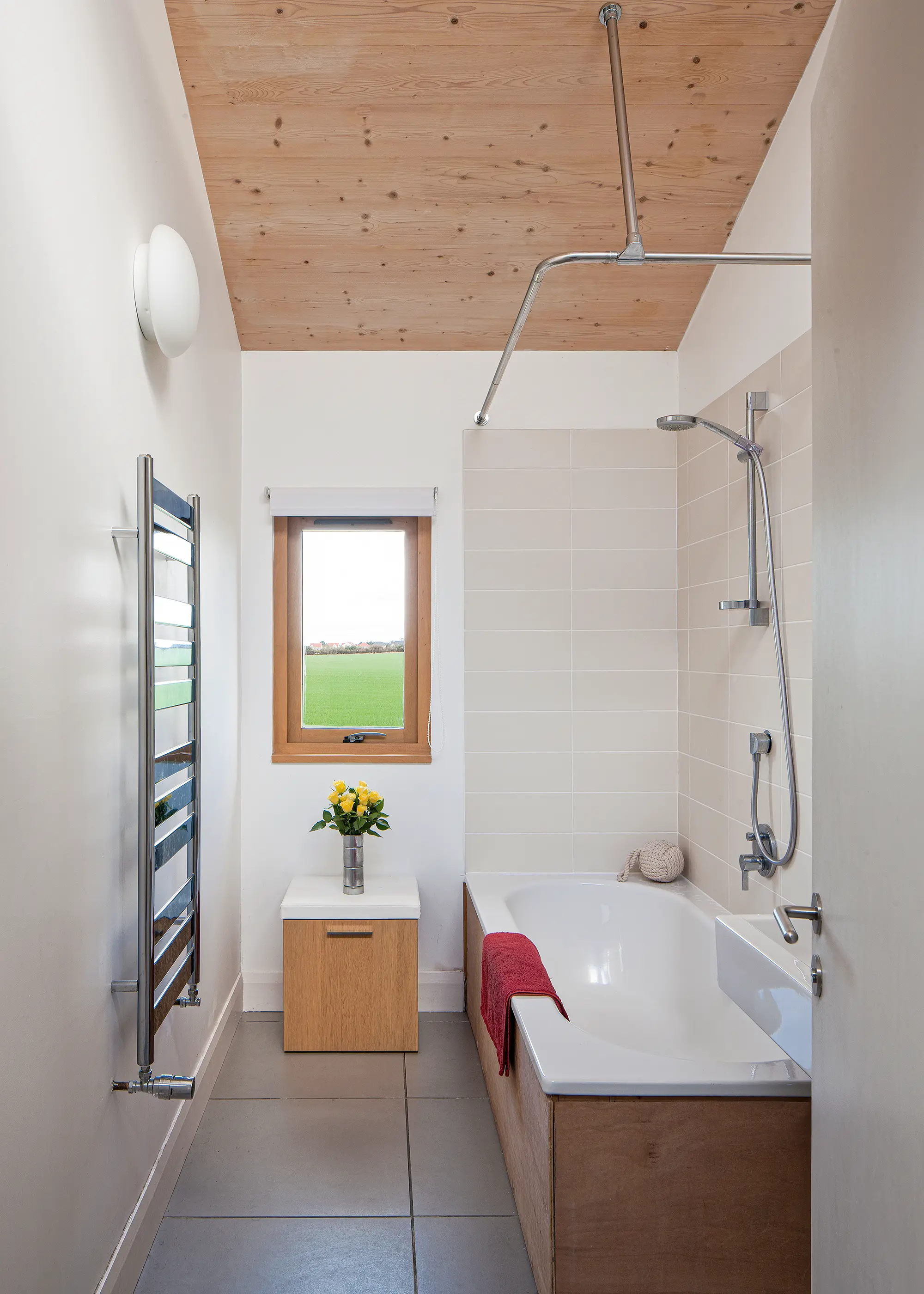 Bathroom with exposed timber ceiling