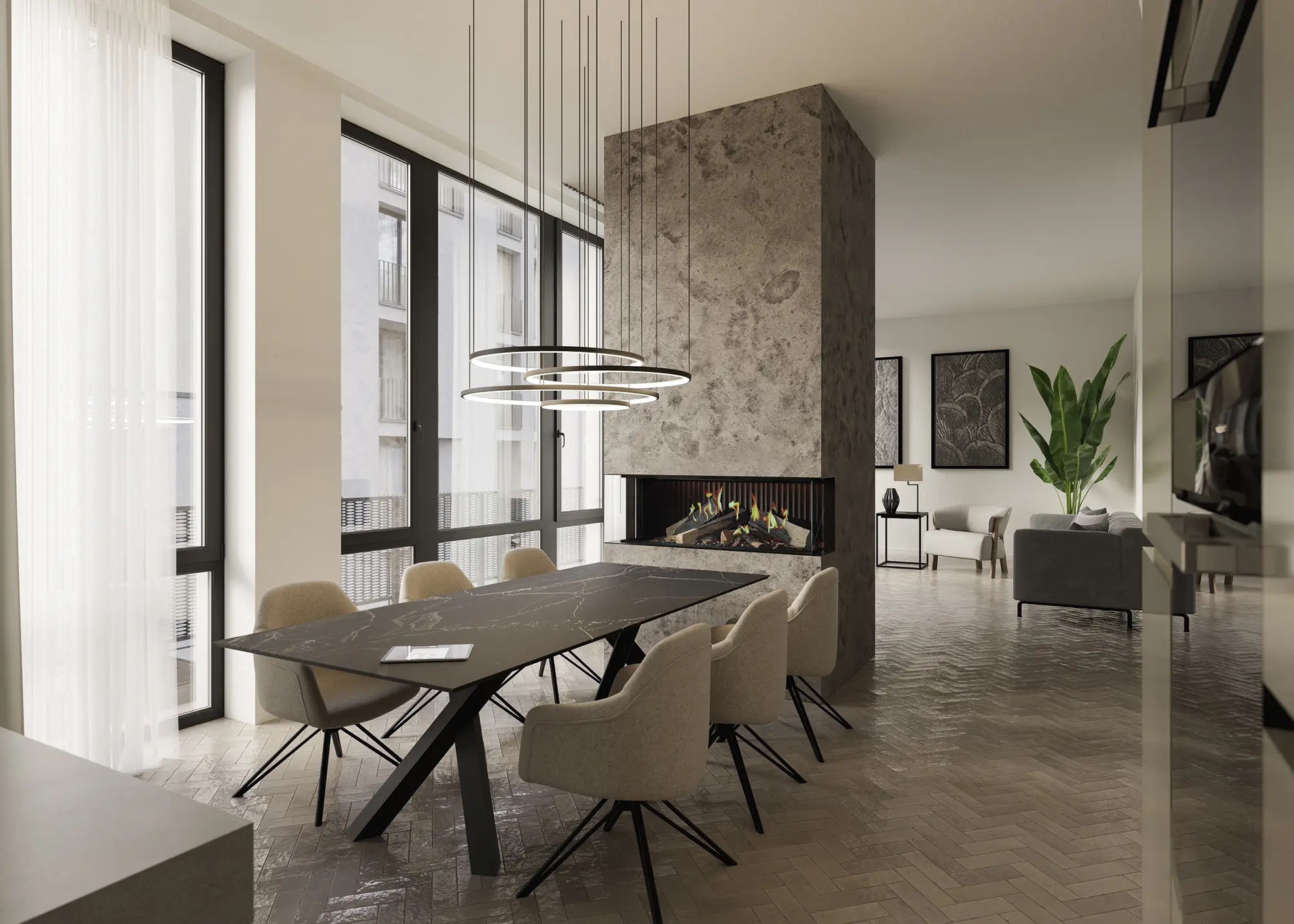 Create a Broken-Plan Scheme with a Modern Fireplace