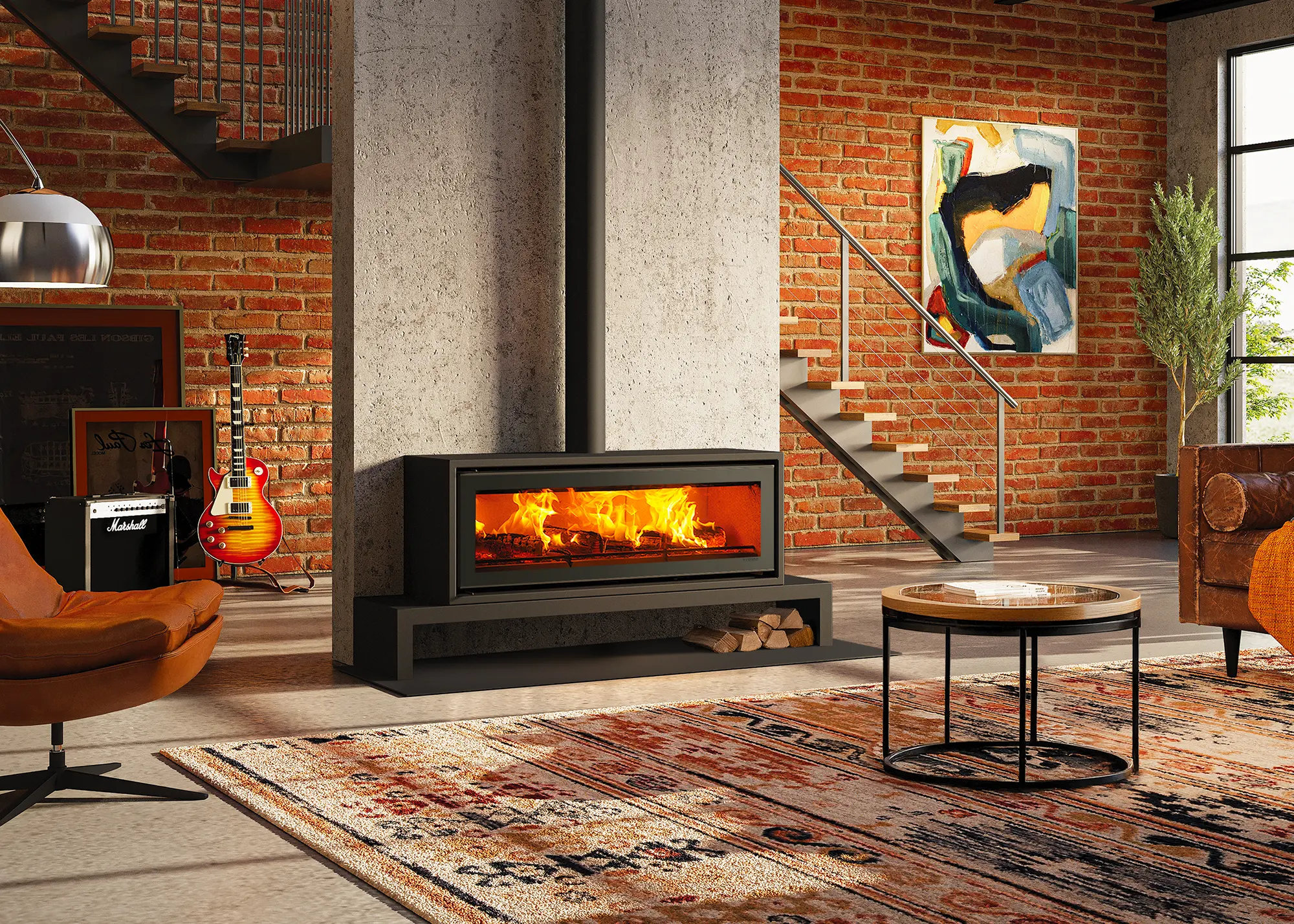 Studio 3 Woodburning Ecodesign Freestanding on 180 low bench